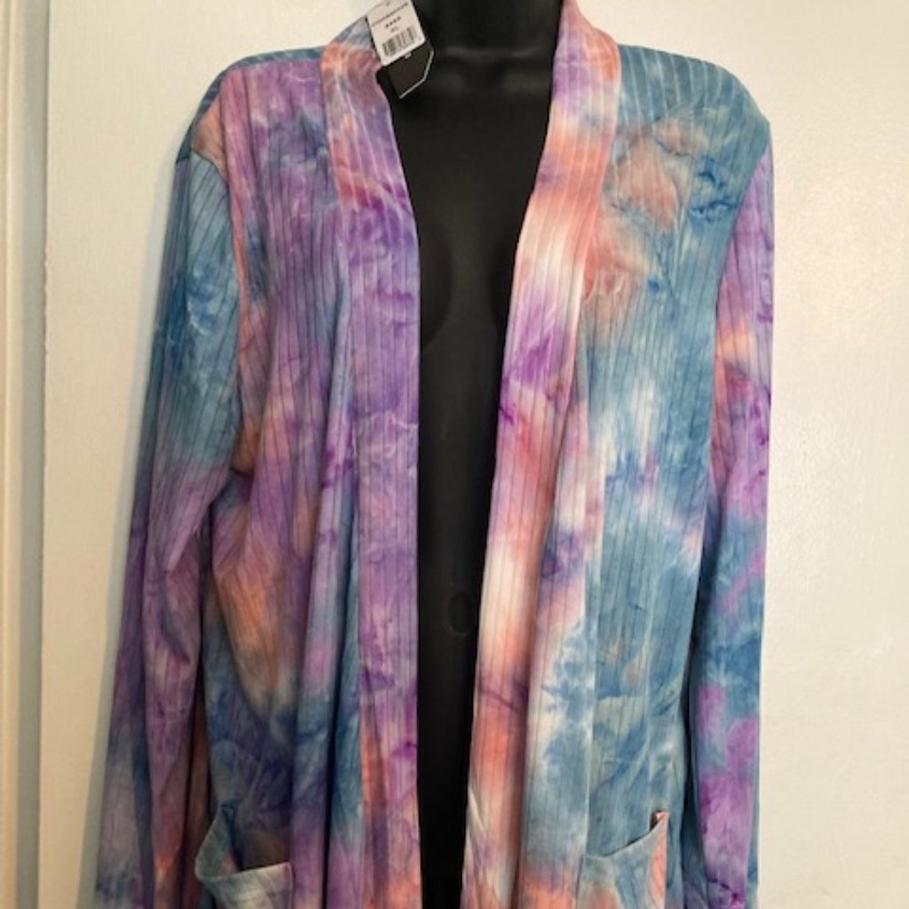 Aqua Multi Tie Dye Long Sleeve Ribbed Open Cardigan